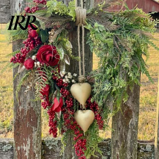 Decorative Heart Wreath Valentine's Day Farmhouse for Front Door Rustic Faux Greenery with Red Roses Berries Vintage Bell Window Porch