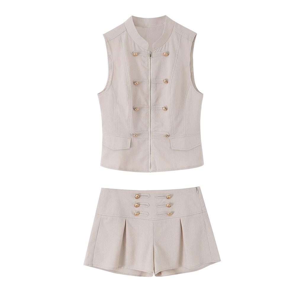 European and American style wholesale women's clothing fashion versatile temperament casual knot buckle vest + knot buckle shorts