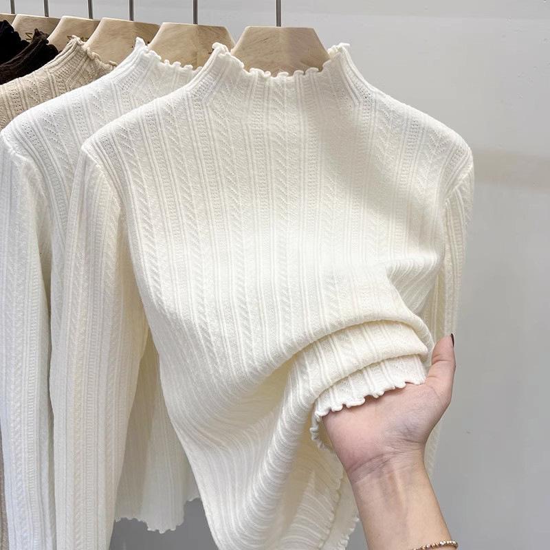 Women's Autumn Winter White Pullover Base Layer Sweater with Ruffled Trim - Half-High Neck Knit Inner Wear Top for Spring and Autumn