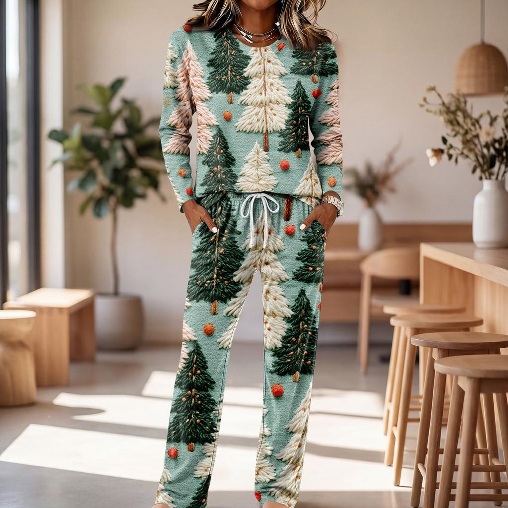 Women's Casual Pajama Set with Round Neck Long Sleeve and Wide Leg Pants for Sleep
