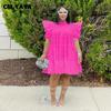 Women's Polo Collar Short Sleeve Loose Fit High Waist Sweet Mini Dress Shirt Dress Solid Cotton Ruffle Tiered Puff Sleeve Summer Casual Flared Dress