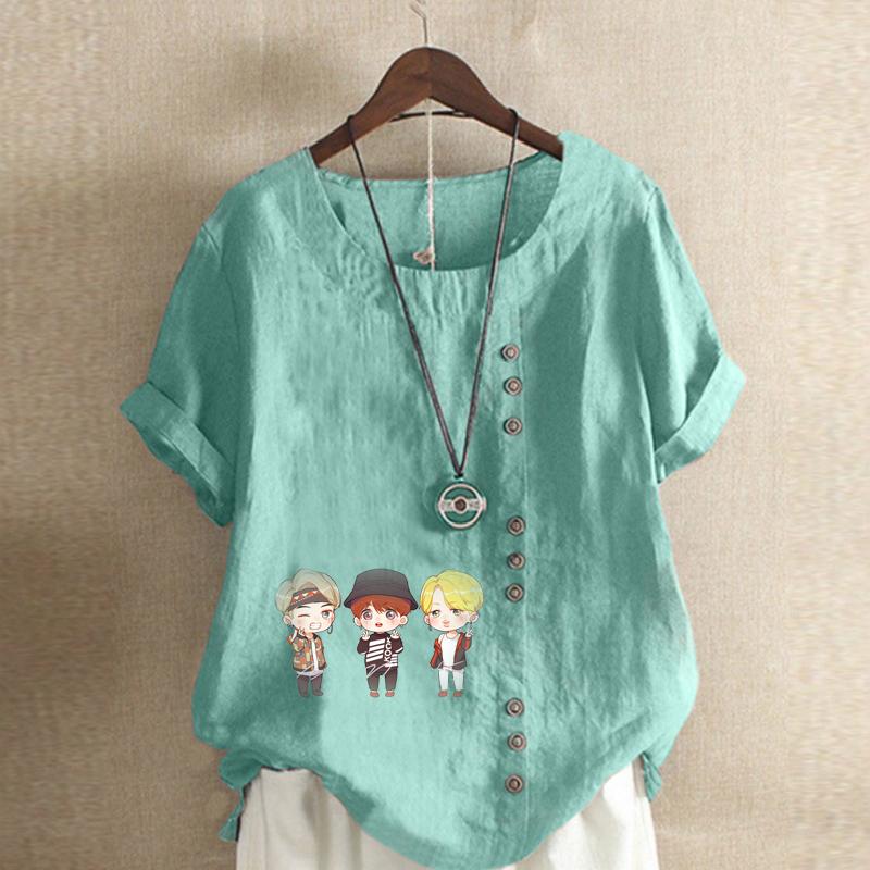 Damenmode Rundhals Kurzarm T-Shirt Lässig Baumwolle Leinen Grafik Shirt Freizeit Locker Singender Junge Bedruckt Sommer Bluse Tops