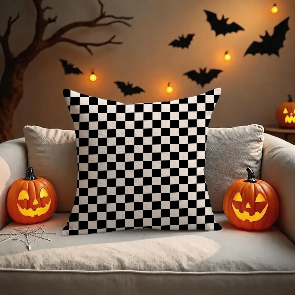 Black White Checkerboard Cushion Cover Halloween Decoration Trick Or Treat Cushion Cover Ghost Pumpkin Head Bat Decoration