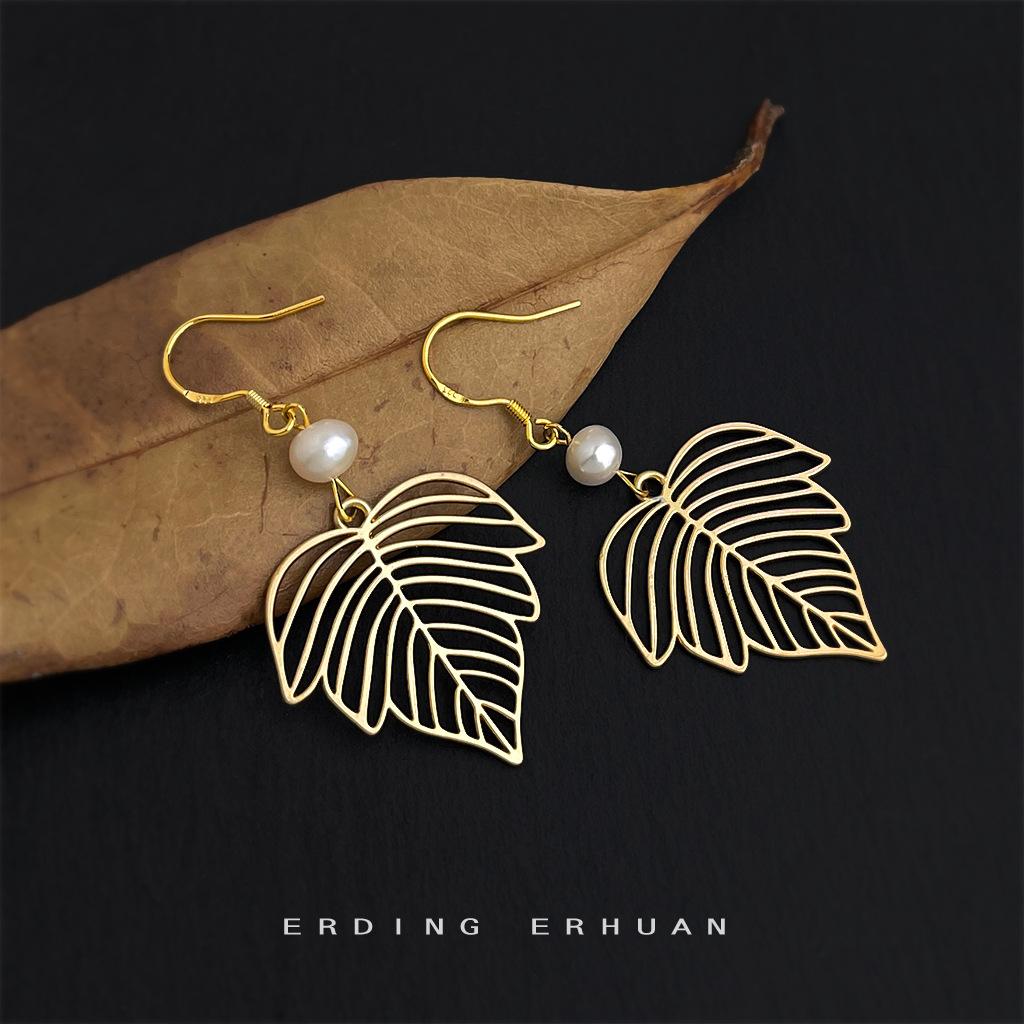 Пресноводный жемчуг полый кленовый лист старые деньги стиль новые серьги серьги ювелирные изделия цепочка поставок