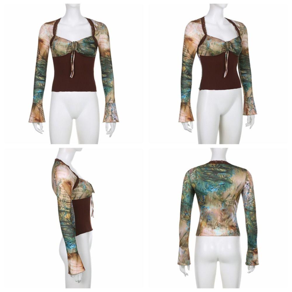 Long Sleeves Transparent Flower T-shirt Pleated Slim Crop Tops V-neck Printing Corset  Travel