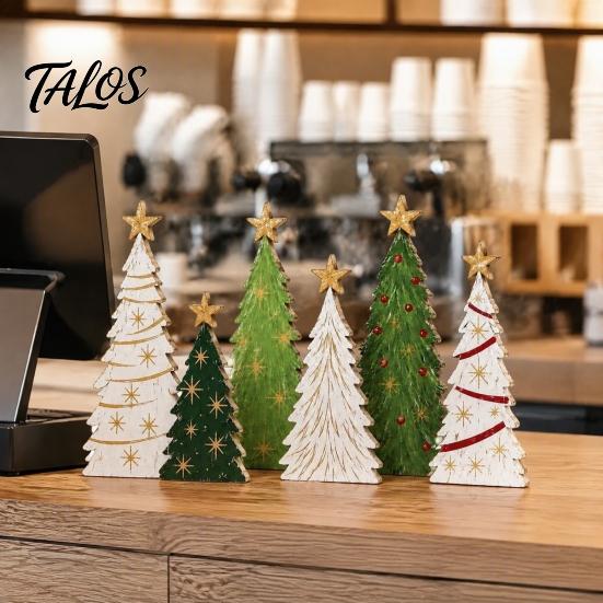 Eco Friendly Painted Wood Trees 6Pcs Wooden Christmas Tree Tabletop Decor Set, Rustic Star Topped Retro Seasonal Mantel Decorations Mini Figurines,