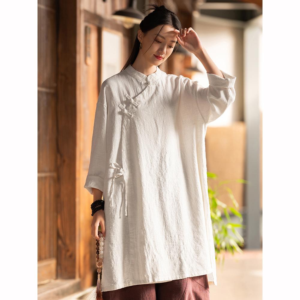 Spring Summer Cotton Linen Women's Clothing Washing Plate Buckle, Side Placket Tied  Retro Chinese Style Children's Style Zen Tea Costume