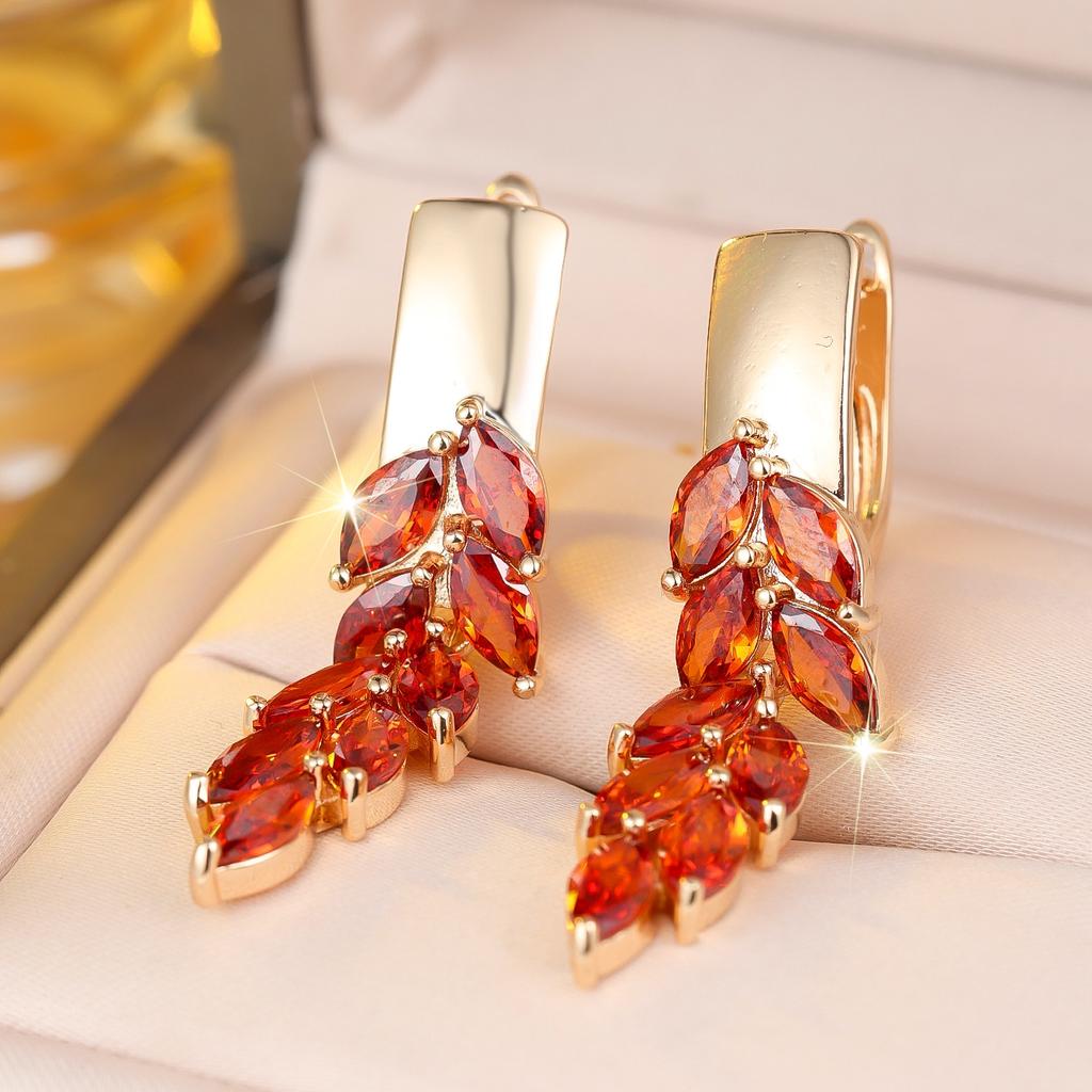 Crystal Red Zircon Stone Leaf Hoop Earrings For Women Vintage Gold Color Wedding Jewelry
