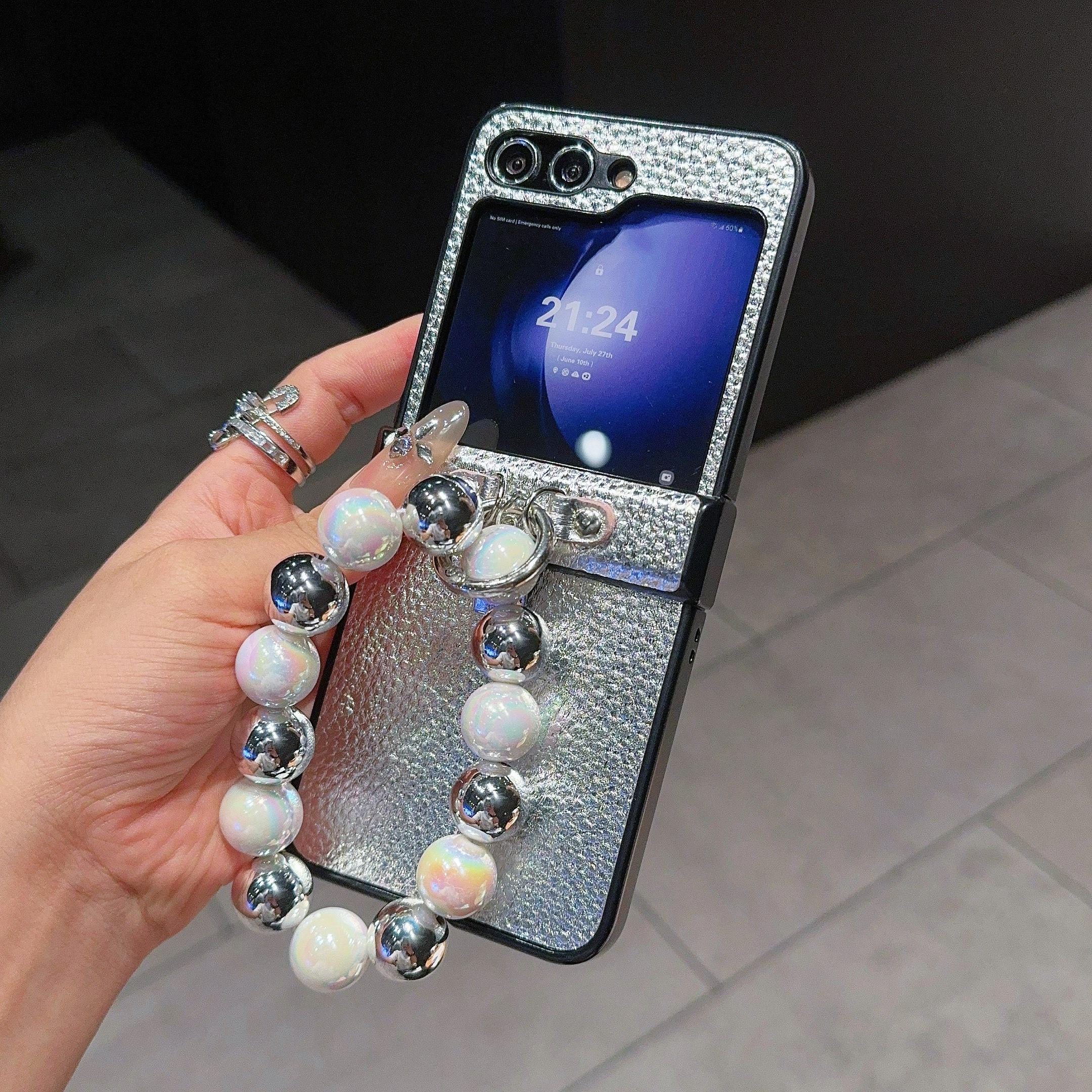 

Чехол для Samsung Galaxy Z Flip6 5G с защитой шарнира, кожаным покрытием и цепочкой из бусин A