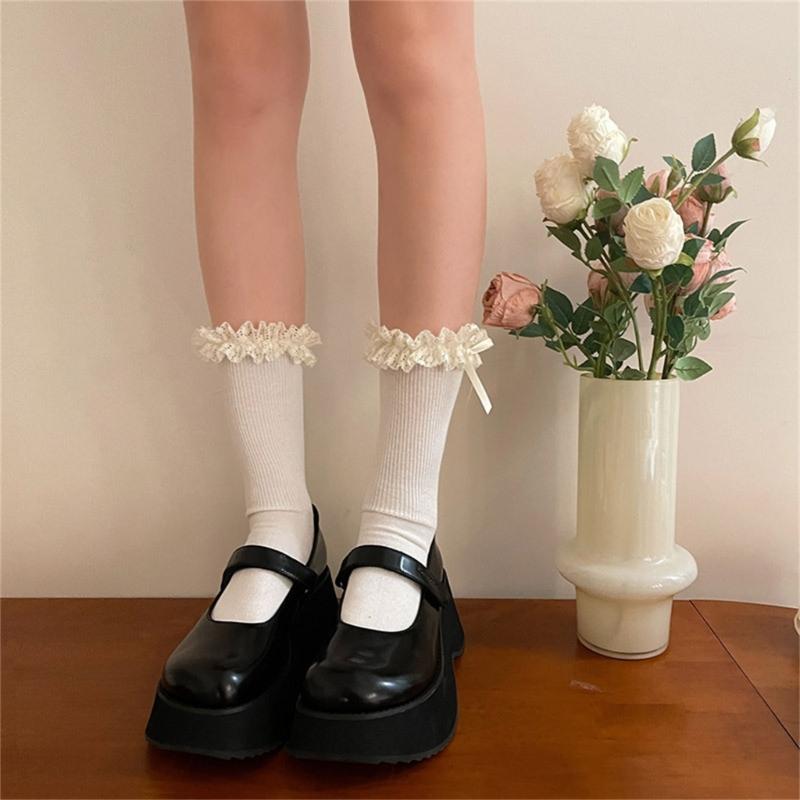 1 Pair Ruffle Ankle Socks Sweet Frilly Socks Ballet Socks for Girls with Bows Lace Top Sock Princess Style Dress Socks