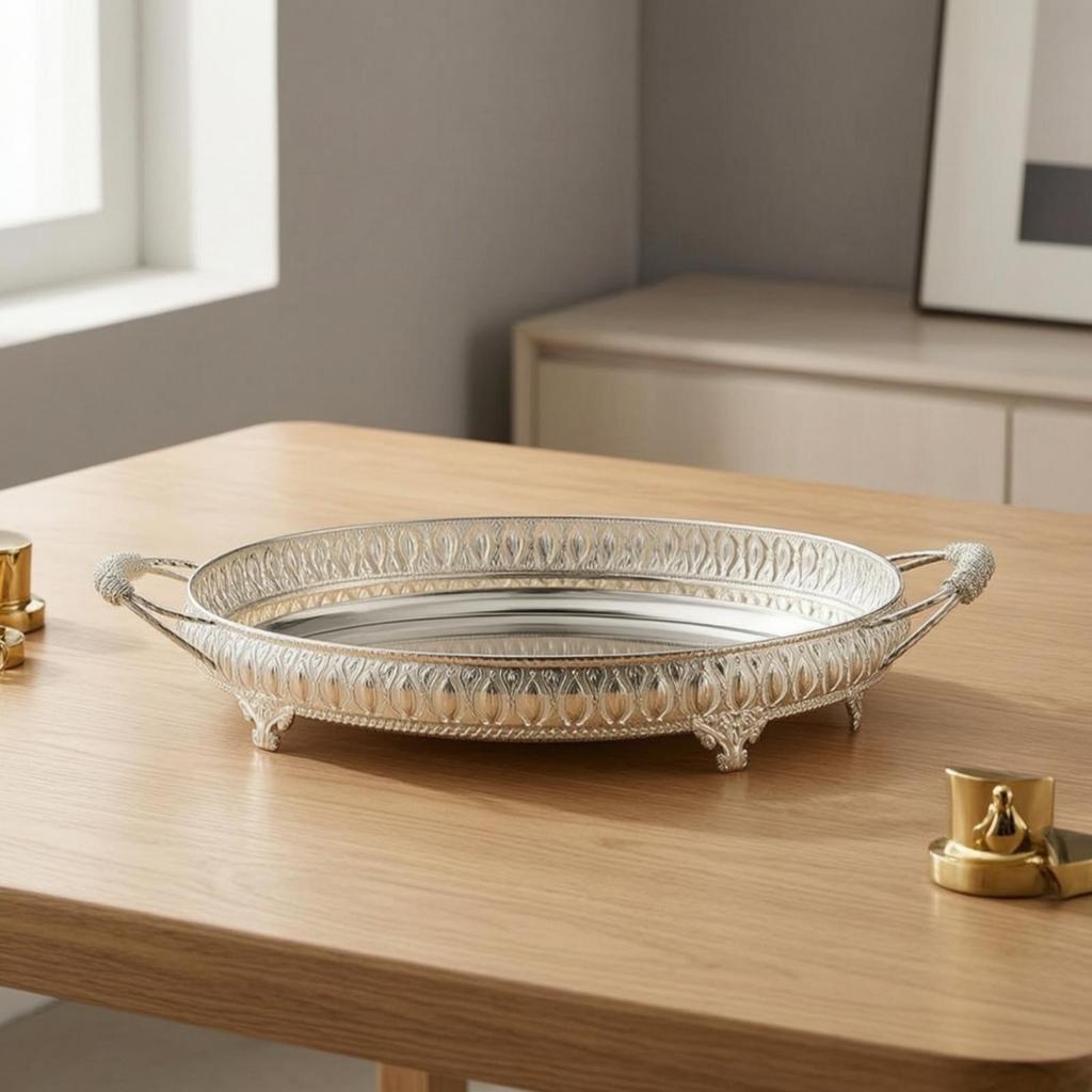 Mirrored Tray with Handles Openwork Decorative Cutout Rim SilverColored Metal Serving Platter