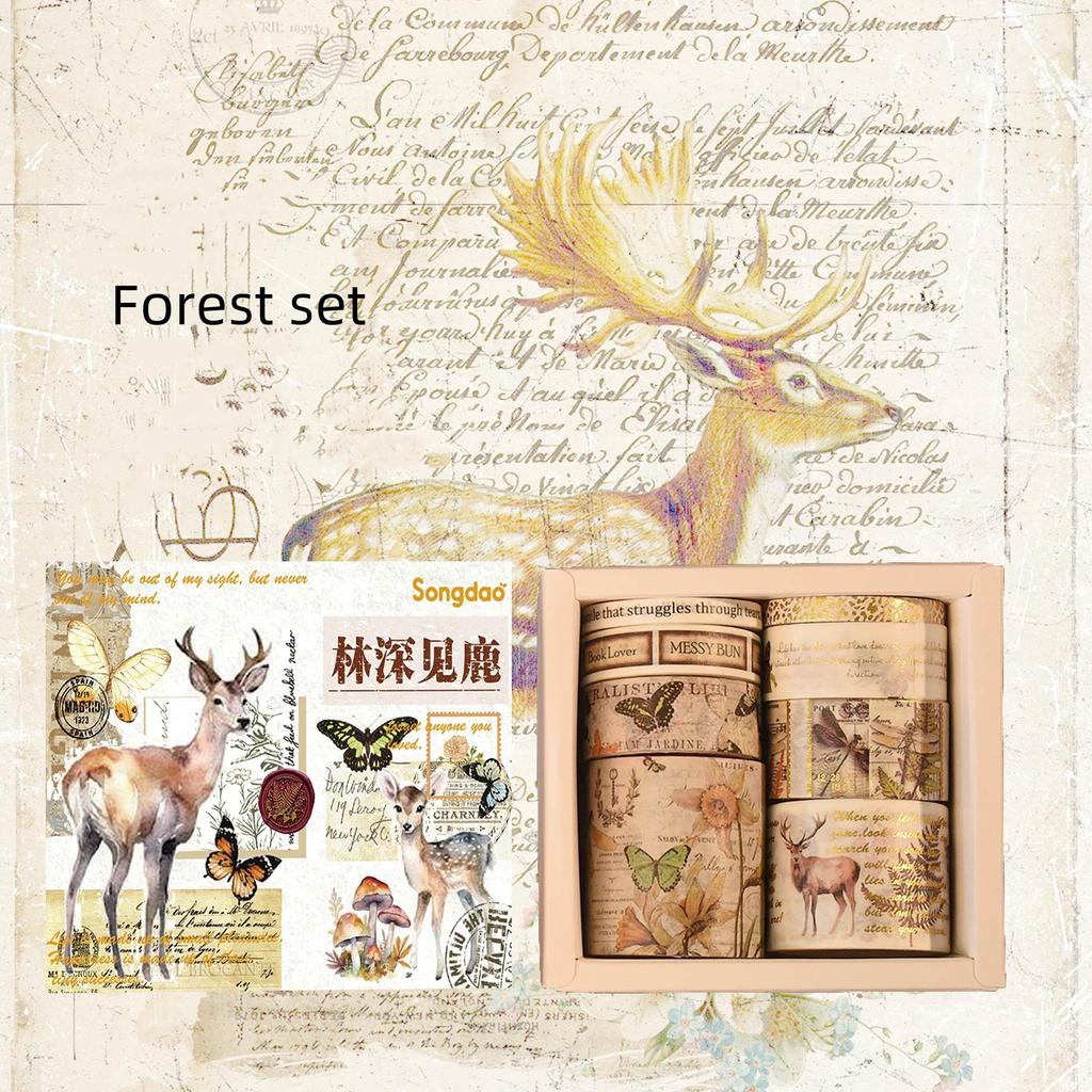 8pcs Retro Gold Washi Tapes Set Forest Nature Adhesive Masking Tape Diary Decoration Stickers