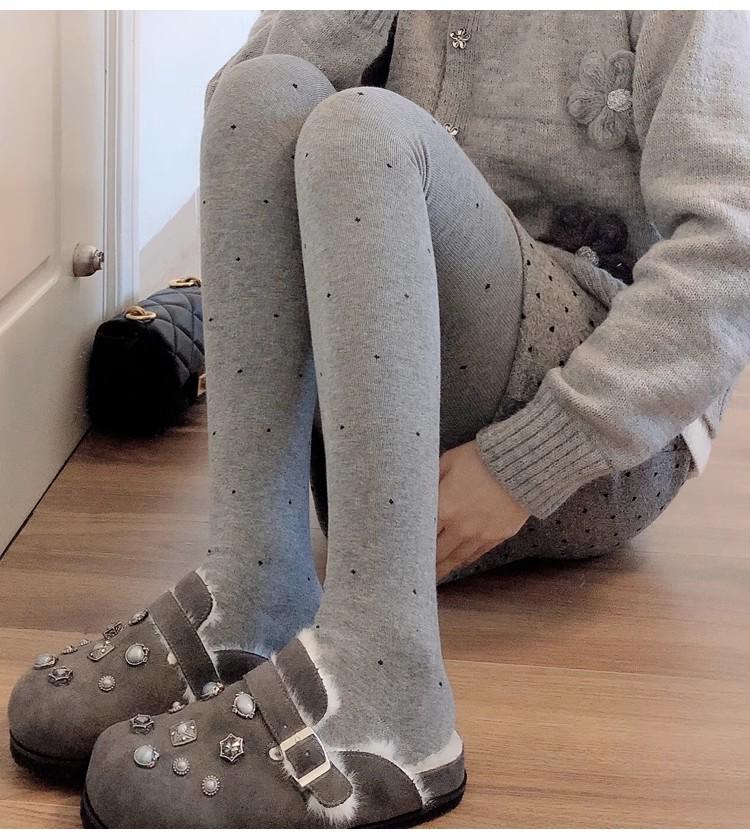 Meias Brancas de Espessura Média para Outono/Inverno & Collants de Bolinhas Cinza Fumo, Leggings Branco Leite Forradas em Algodão