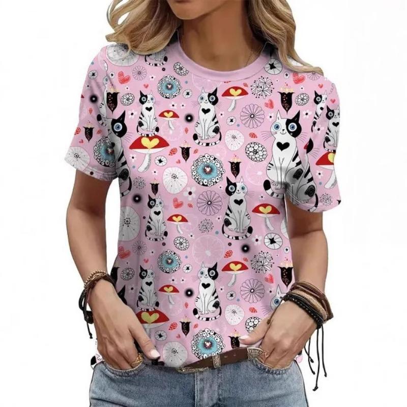 Módní Trendy Značkový Temperament Všestranný Dojíždění Tištěný Vzor Dámské Tričko s Krátkým Rukávem a Kulatým Výstřihem