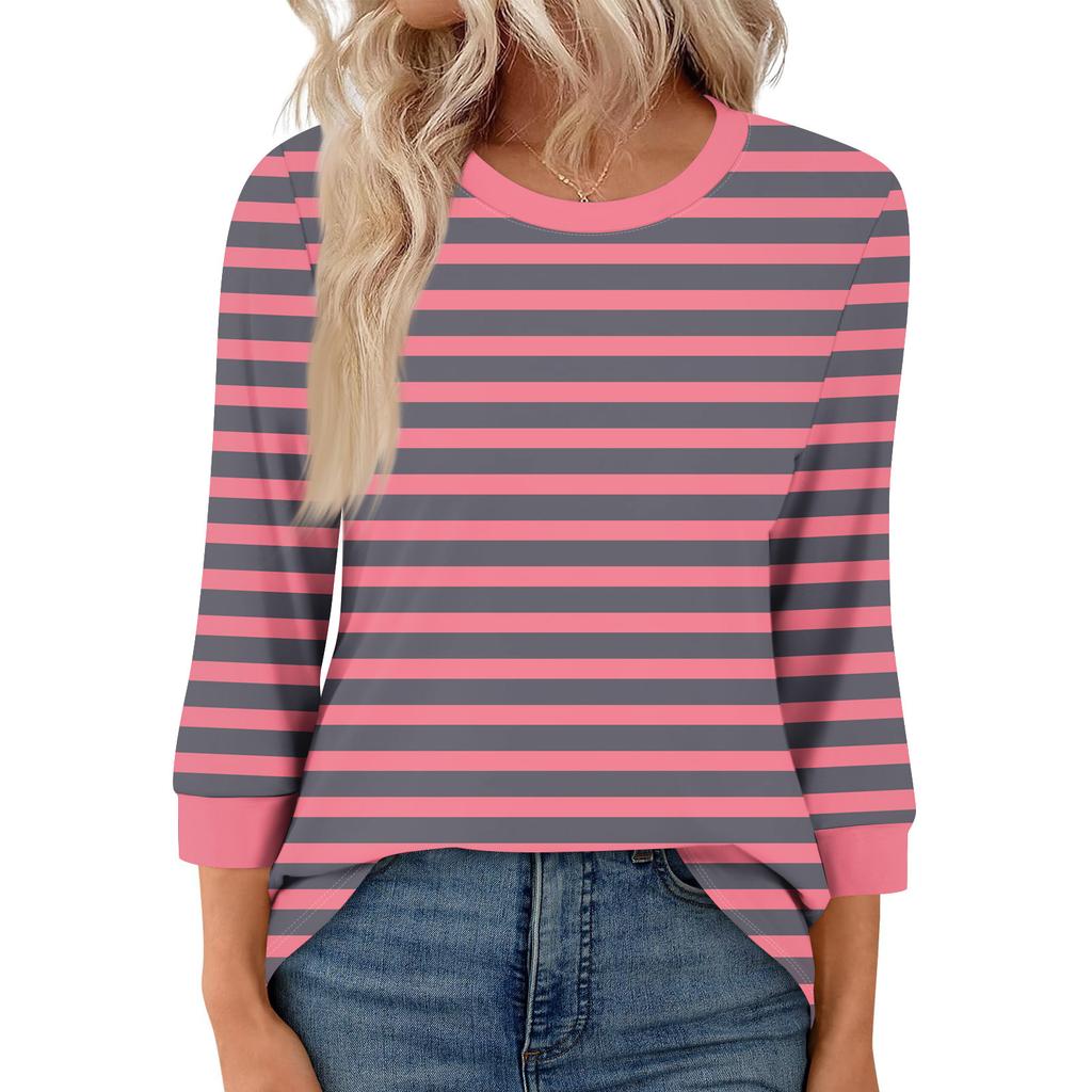 Women's Fashion Casual Seven Sleeve T-Shirt Print Round Neck Top