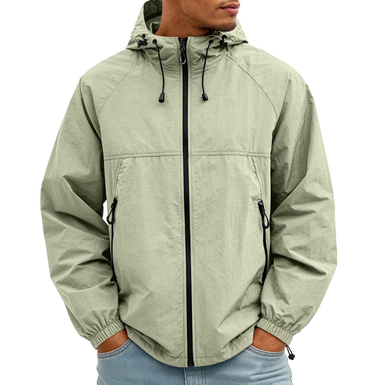 

Men Lightweight Windbreaker Jacket with Adjustable Hood Full Zip Front and Zippered Pockets Casual Outerwear for All Seasons L армия зеленый