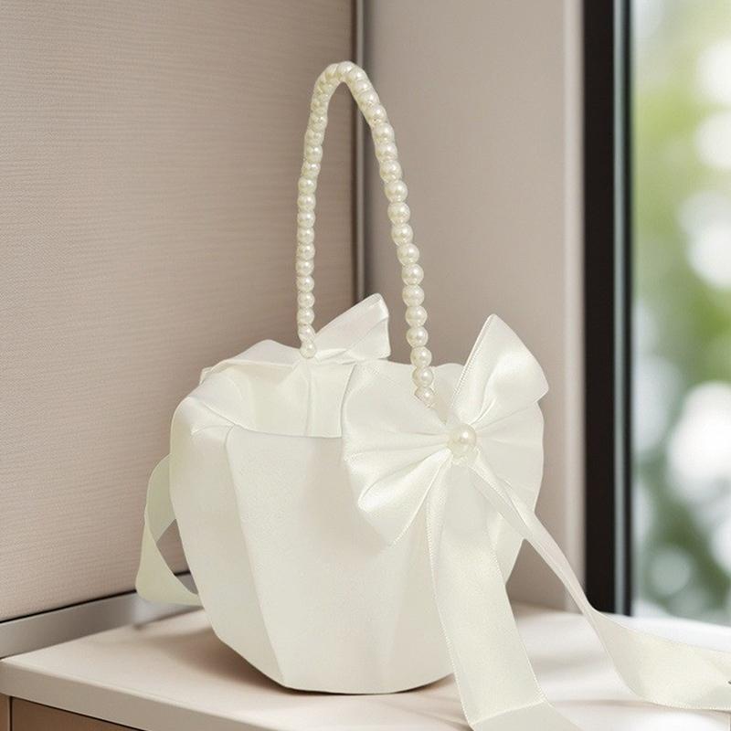 1Pc Pearl Handle Flower Basket Bow Satin White Western Rustic Bowknot Wedding Flower Basket For Floral Petals