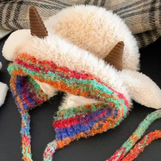 Knitting Hat Windproof Warm Solid Color Elastic Thermal Lamb Ear Design Winter Hat Cold Weather Headwear