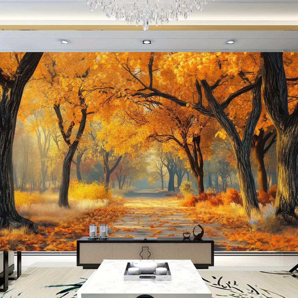 2D flat design, 1-piece golden autumn tree path tapestry, suitable for autumn-themed home decor and photo background