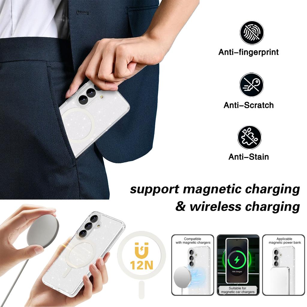 For Samsung Galaxy S26+ Magnetic Case Glitter Powder PC + TPU Phone Cover