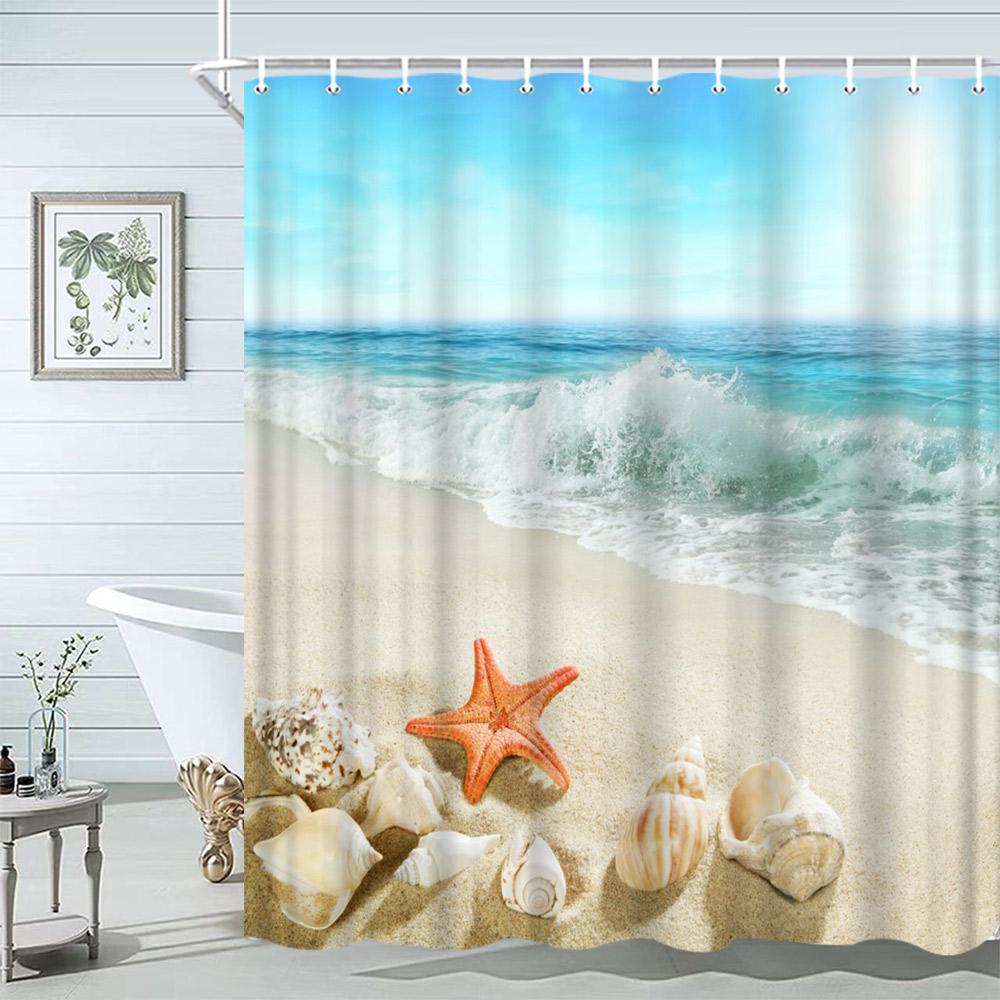 

Морская звезда Пляж Душевая занавеска Ракушки Деревянные доски в деревенском стиле Пальмы Природный пейзаж Печатные Душевые занавески Декор для ванной комнаты 120x180cm-47x70in