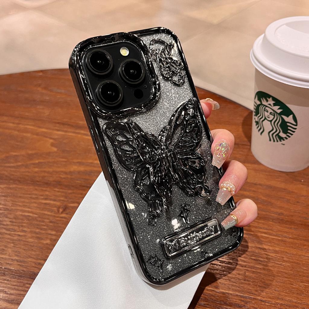 Luxury Plating 3D Butterfly Glitter Powder Phone Case for iPhone 15 14 13 12 11 Pro Max 15 Pro Stand Holder Soft TPU Case Cover