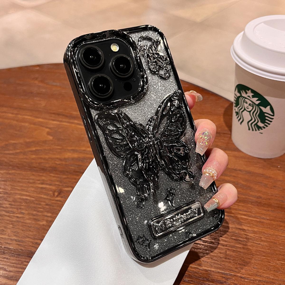 

Роскошный чехол для телефона с 3D-бабочкой и блестками для iPhone 15, 14, 13, 12, 11 Pro Max 15 Pro, держатель-подставка, мягкий чехол из ТПУ iPhone 11 чёрный