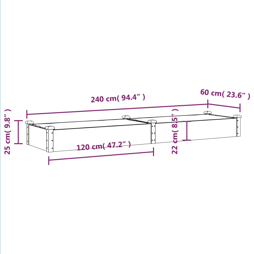 Vidaxl Raised Flower Bed with Liner, Grey, 240X60X25 Cm, Fir