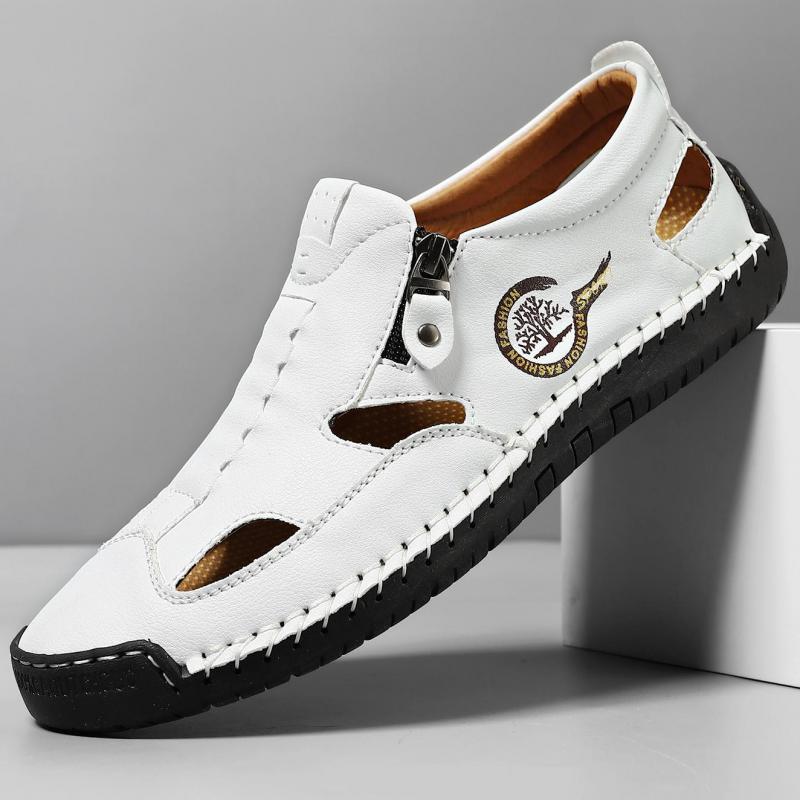 Fashion Summer Brown Genuine Leather Sandals for Men Low Heel Hollow Breathable Flat Shoes Soft Handmade Casual Shoes Luxury Beach Shoes