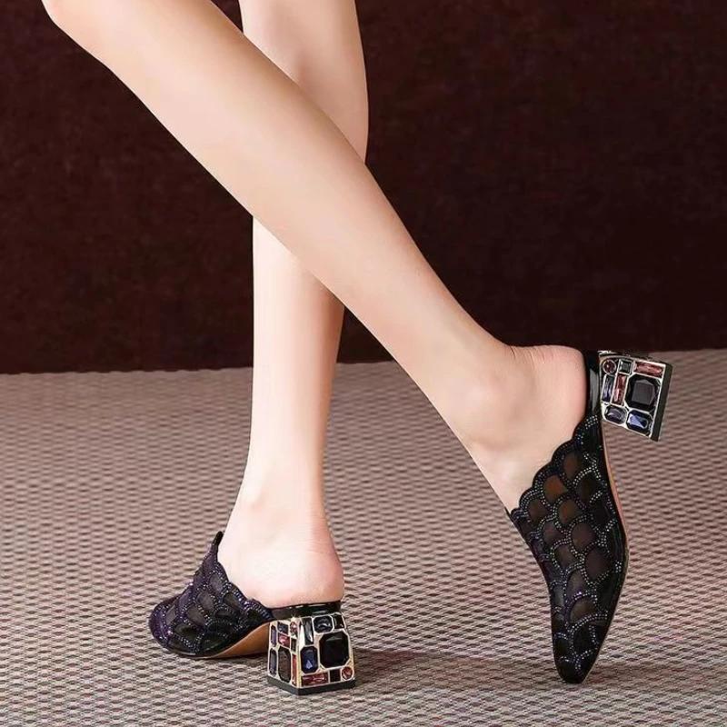 With Heel Woman Slippers Mesh Sandals Designer Luxury Small Size Shoes for Women Vip Slip-resistant Stylish New Fashion Slides