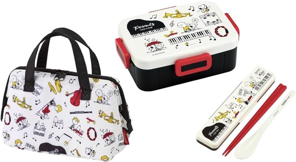 Skater PEANUTS Orchestra Antibacterial Lock Lunch Combo Set Insulated Lunch Clasp Dishwasher Tight Set 4-Point Single-Tier Box, 650ml,