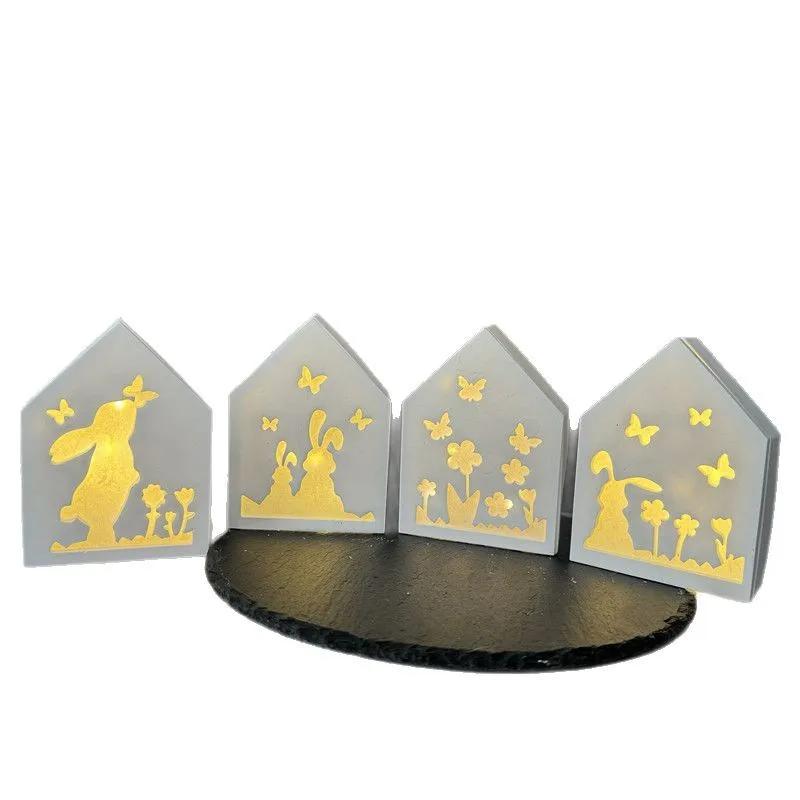 A Top Quality Hollow Bunny Rabbit House Decoration Silicone Mold Easter House Light Strings Holder Plaster Mold Handmade Decor