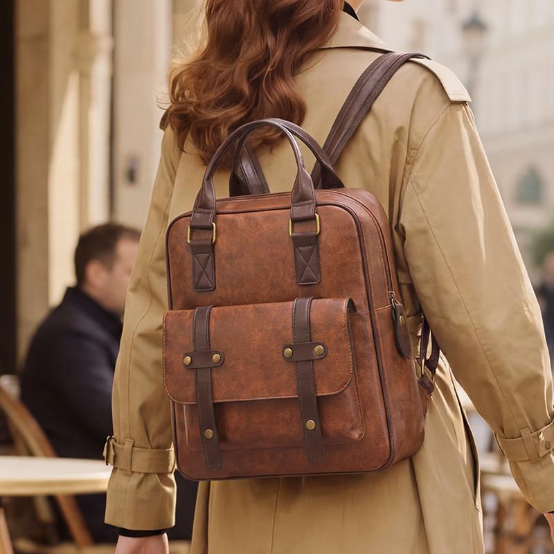 Vintage PU-Rucksack für Damen mit verstellbaren Trägern und Frontklappendesign Klassische Schultasche für Arbeit und täglichen Gebrauch