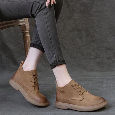 Leder-Ankle Boots Damen Flachboden Retro Lässige Kurze Stiefel Vielseitige Stiefel Damenschuhe Schnürung Leder Freizeitschuhe