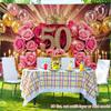 Sfondo fotografico 2D per il 50° compleanno, Striscione per festa a tema traguardo color oro rosa