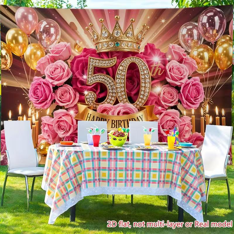 Sfondo fotografico 2D per il 50° compleanno, Striscione per festa a tema traguardo color oro rosa