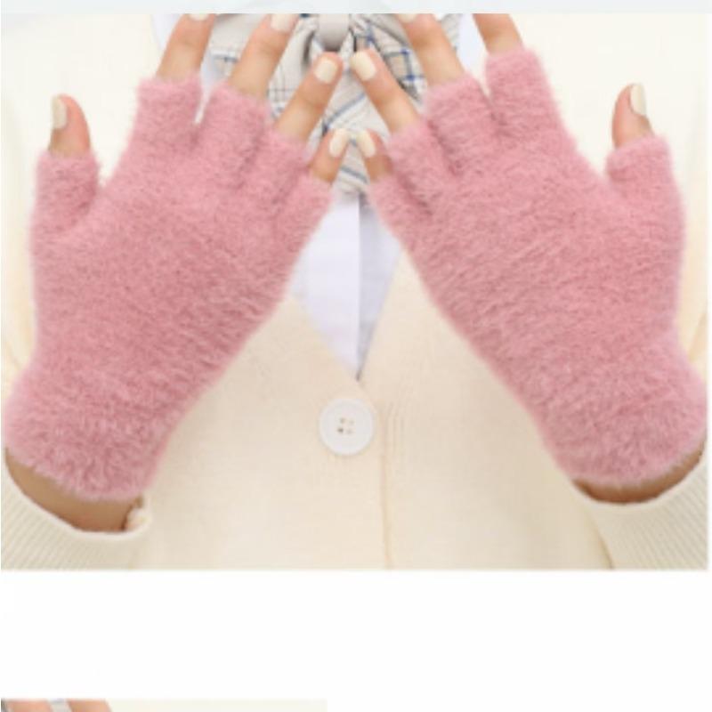 Simple plush gloves women's winter warm finger gloves solid color half finger uncovered student writing flat gloves
