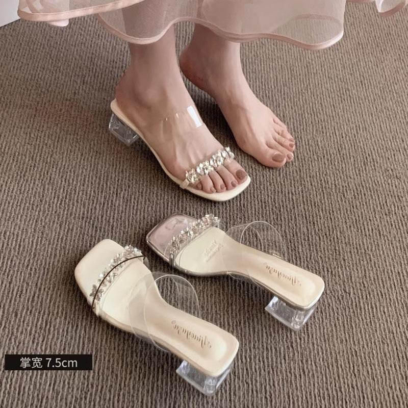 Transparent rhinestone slippers women's summer wear 2024 new one-word with crystal sandals thick heel French fairy high heels