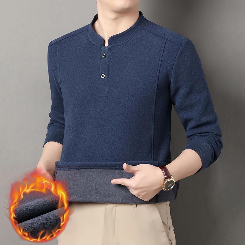 Men's Stand Collar Fleece T-shirt: Chinese Style, Long Sleeve, Thickened Velvet, Warm Casual Sweatshirt for Autumn/Winter.