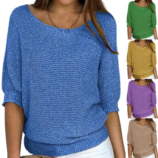 Women Autumn Winter Solid Color Knitting Sweater O-Neck 3/4 Sleeve Loose Fit Pullover Tops Knitwear