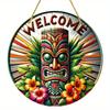 1pc 2d Flat Hawaiian Tiki Mask Bar Sign - 20cm Round Wood Art Decoration for Home, Garage, Cafe, Restaurant, Bar, BBQ, Beach, Resort Decoration