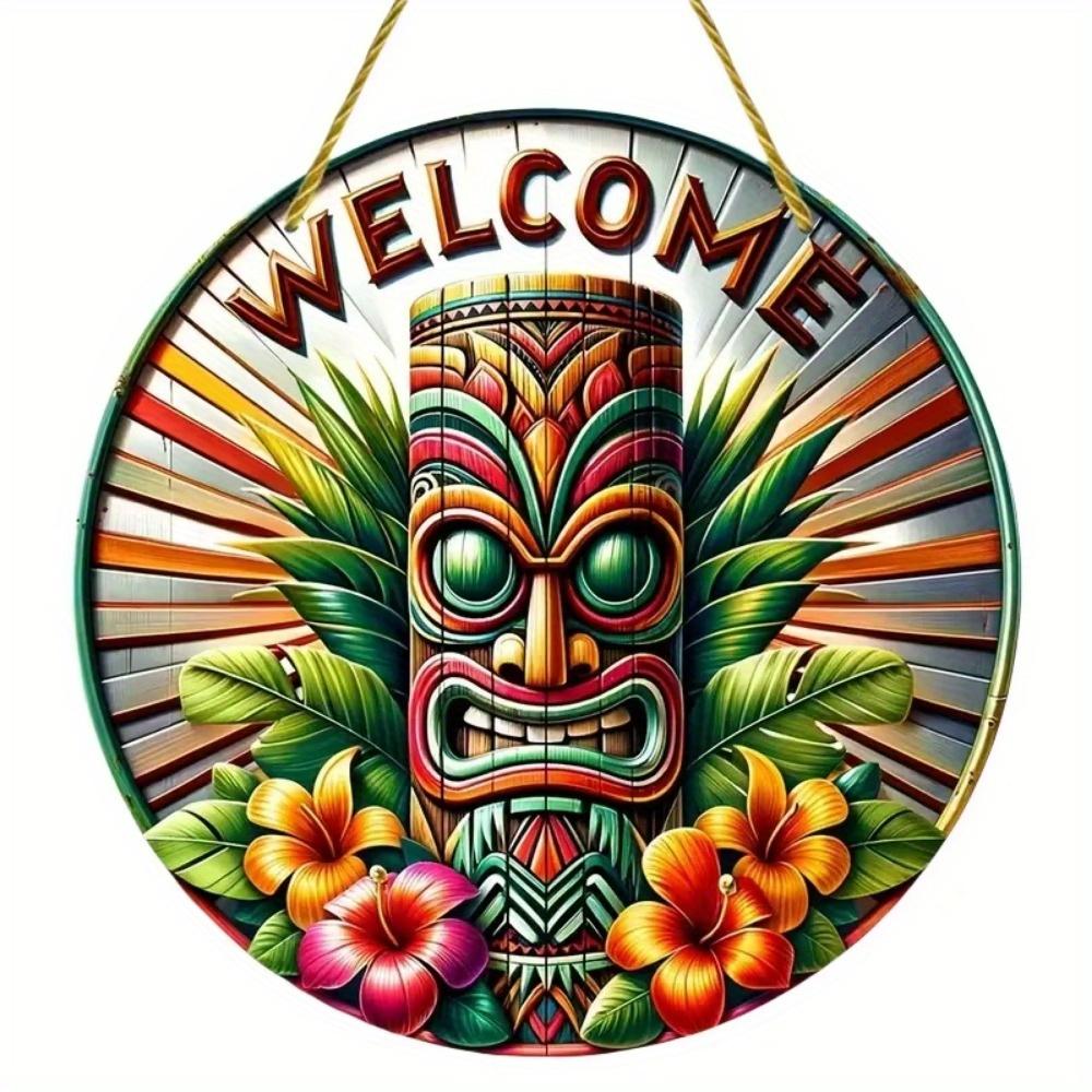 1pc 2d Flat Hawaiian Tiki Mask Bar Sign - 20cm Round Wood Art Decoration for Home, Garage, Cafe, Restaurant, Bar, BBQ, Beach, Resort Decoration