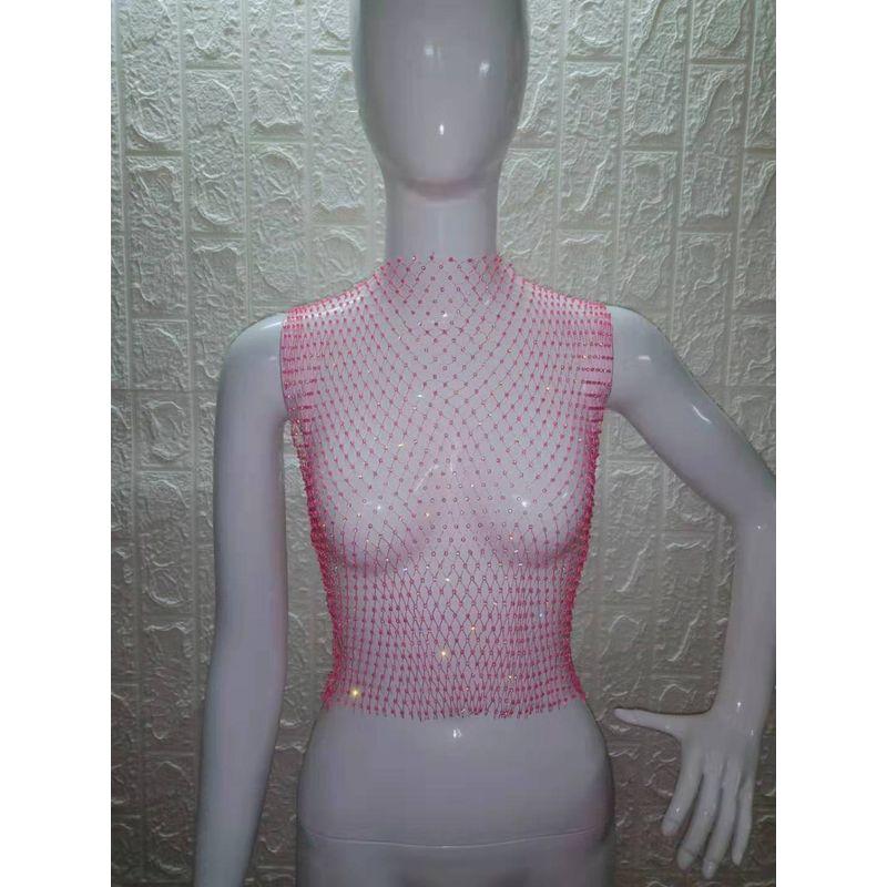 Mesh Rhinestone Top Sleeveless Vest V Neck T-shirt