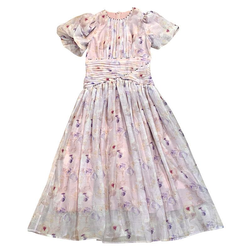 French Coffee Break Dress Waist Thin Short Sleeve Bead Print Long Dress