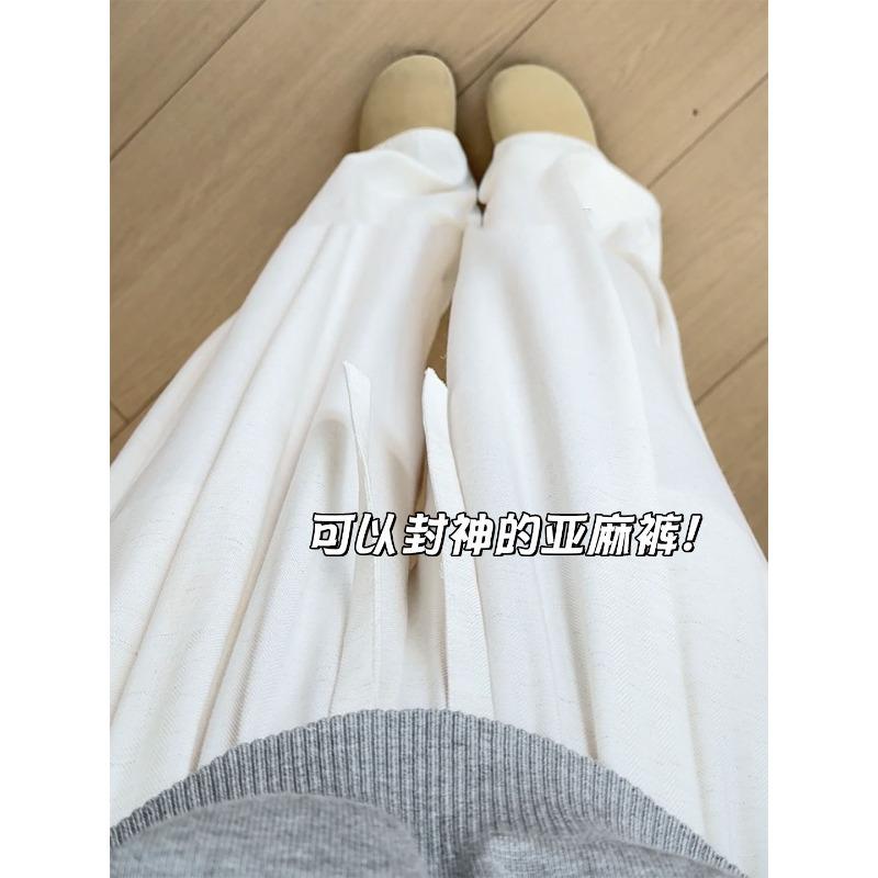 White linen wide-leg pants women's new summer high-waisted loose straight casual pants cotton and linen trousers