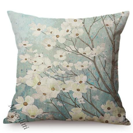 Spring Decoration Blue Flower Blue Birch Cherry Dogwood Blossoms Branch Oil Painting Design Cushion Cover Sofa Throw Pillow Case