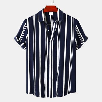 Comfy Airy Short Sleeve Daily Shirts For Men, Relax Fit Classic Vertical Contrast Stripe Camp Collar Tops