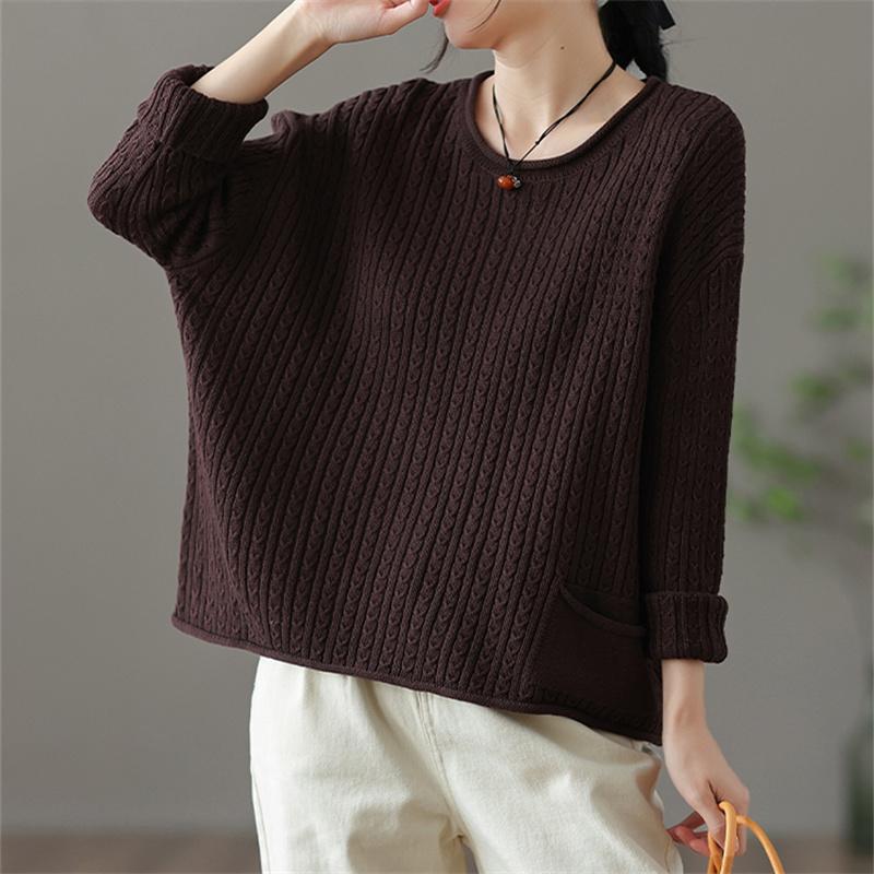 

DIMANAF женский свитер больших размеров, свободный повседневный осенний вязаный базовый топ, футболка 2022, новый пуловер с круглым вырезом, красные свитера One Size коричневый