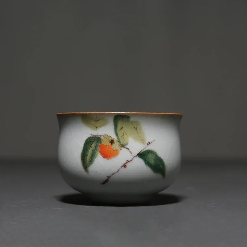 Retro Ru Kiln Ceramic Teacup Travel Portable Meditation Cup Hand Painted Flower Tea Bowl Master Cup Handmade Tea Set Accessories