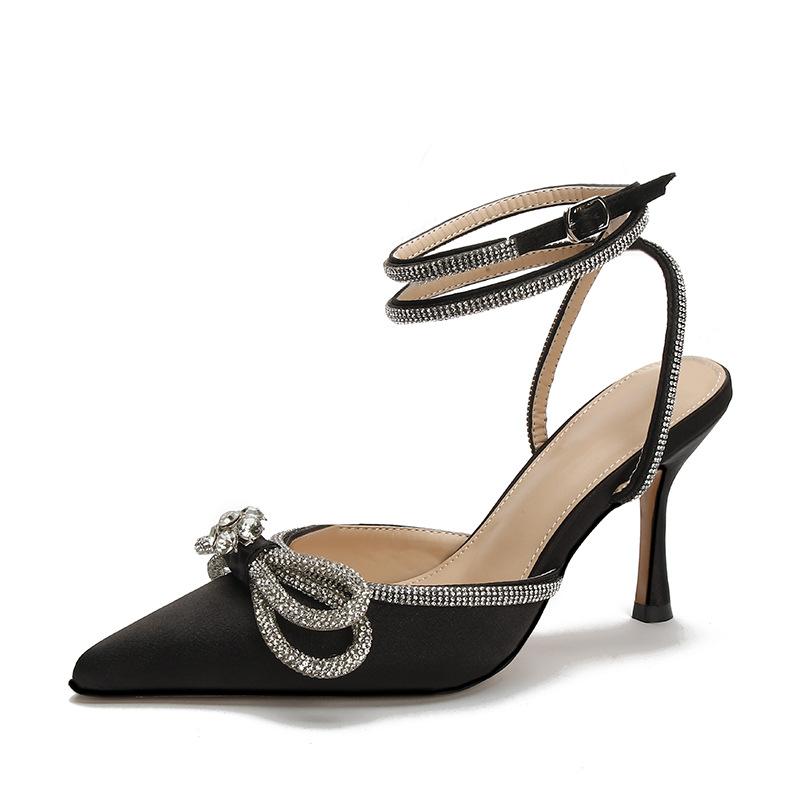 Summer Baotou Back Empty High-heeled Sandals Bow Rhinestone High-heeled Shoes European and American Design Sense Niche European and American Style De